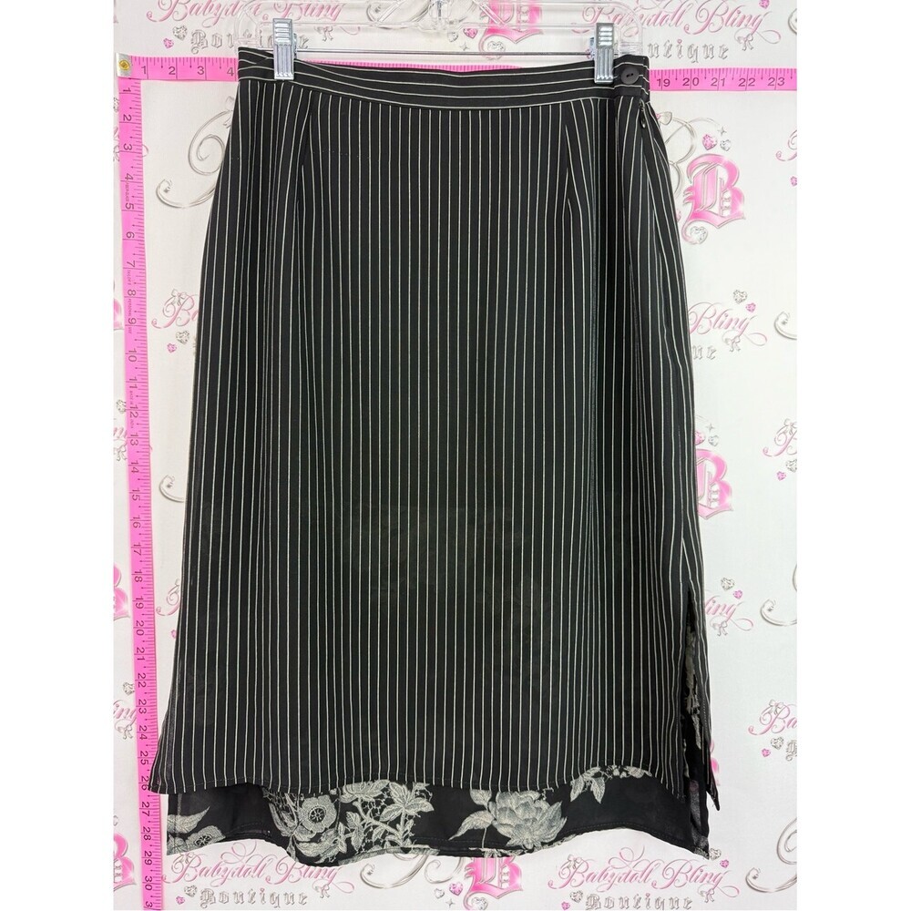 Bellesa Black Pinstripe Midi Skirt with Floral Hem Detail